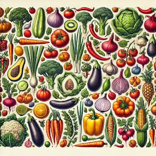 A vibrant and detailed illustration of 50 different vegetables sanskrit name arranged in a grid format. Each vegetable is vividly colored and realistically depicted