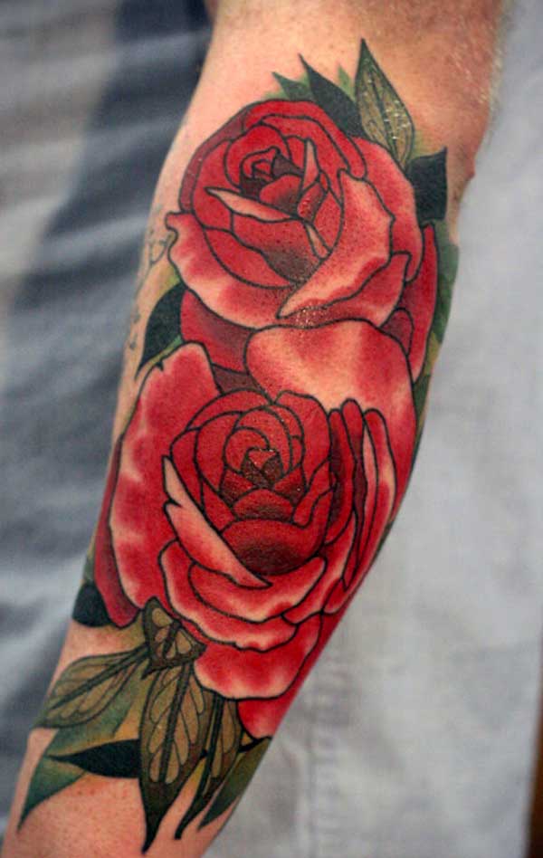 Red roses with green leaf tattoos design ideas for male forearm