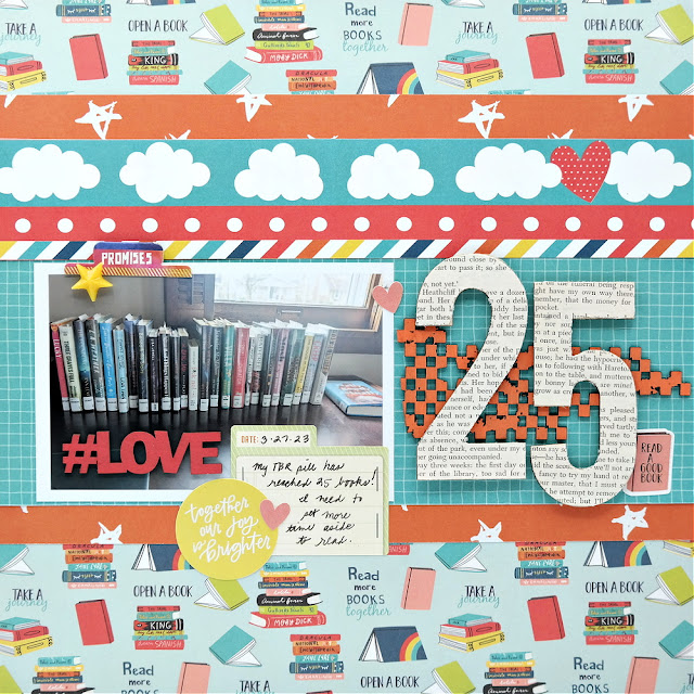Book Love To Be Read Pile Literary Scrapbook Layout Embellished with Chipboard, Wood Veneer, and Stickers.