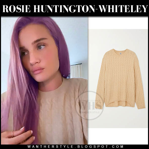 Rosie Huntington-Whiteley with pink hair in beige sweater