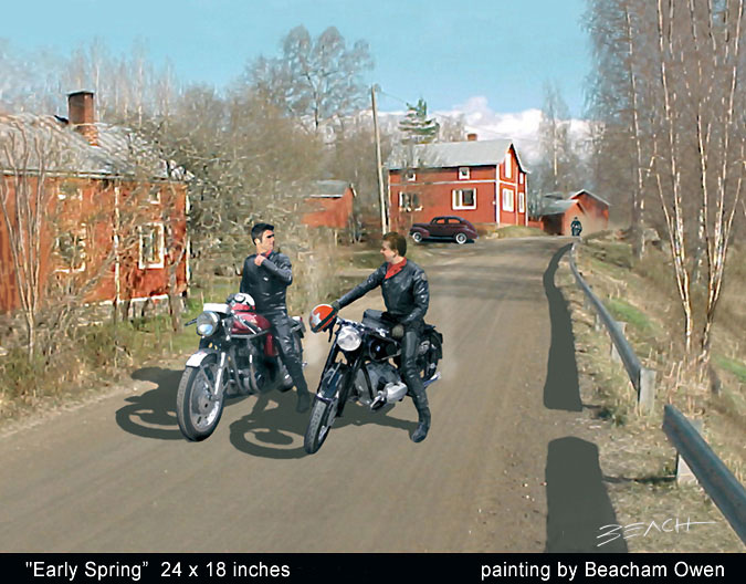 Beacham Owen art painting of 1950s Norton and BMW cafe racers going on an early Spring ride artwork by Beach Owen