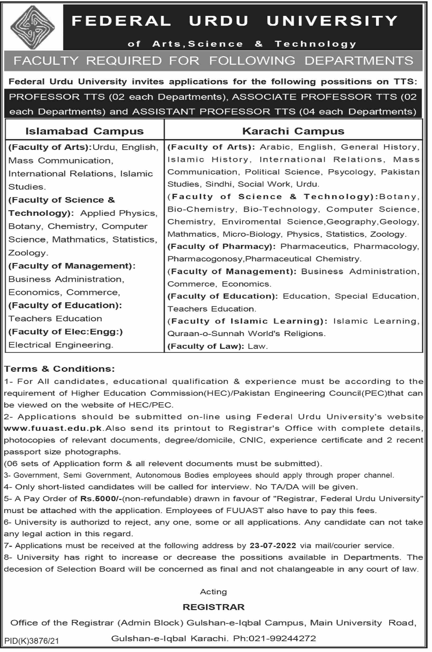 Latest Federal Urdu University Education Posts Karachi 2022