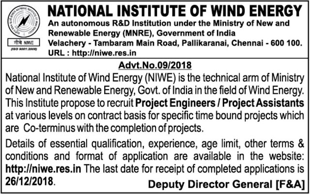 NIWE Chennai Project Engineers/Project Assistant Recruitment 2018