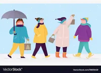 رسم تجريدي لأشخاص يسيرون في الشتاء يرتدون ملابس ستوية ويمسكون بالمظلات