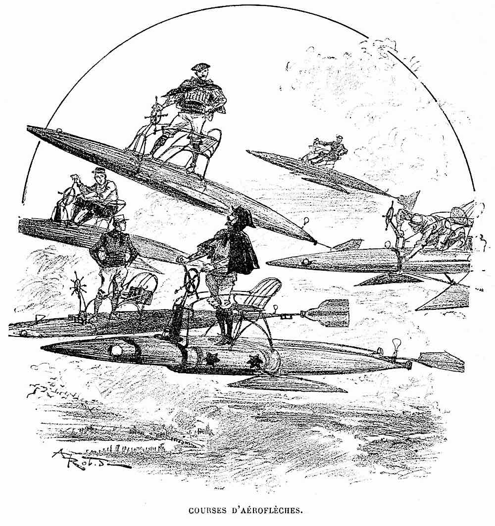 an 1893 Albert Robida illustration of retrofuture sky traffic driving school