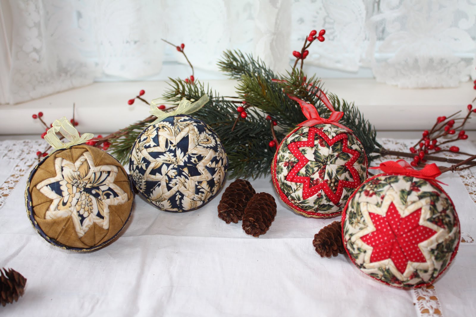 Thimbles Bobbins Paper and Ink Quilted  Fabric Ornaments 