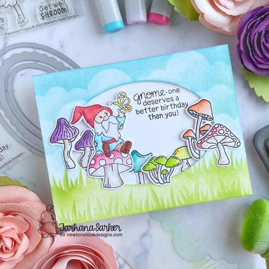 Birithday Gnome Card by Farhana Sarker | Gnome Garden Stamp Set, Fabulous Fungus Stamp Set, Clouds Stencil, Hills & Grass Stencil and Oval Frames Die Set by Newton's Nook Designs #newtonsnook #handmade