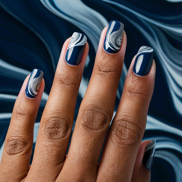 Dark Blue and Marble Combination nails
