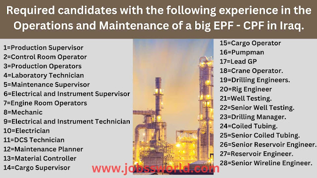 Required candidates with the following experience in the Operations and Maintenance of a big EPF - CPF in Iraq.