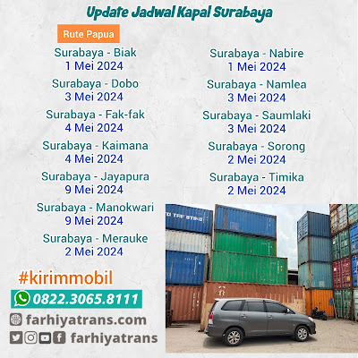 (Update) Jadwal Kapal Rute Surabaya, Jakarta, Balikpapan, Banjarmasin, Pontianak, Makassar, Kumai, Sampit, Batulicin, Tarakan, Nunukan, Ketapang Kalbar, Kendari, Bau-bau, Palu, Pare-pare, Kupang, Lombok, Labuan Bajo, Ende, Waingapu Sumba, Subang, Lampung, Jayapura, Sorong, Manokwari, Merauke, Timika, Fak-fak, Nabire.  Open booking pengiriman mobil, truk, bus, sepeda motor, alat berat dan segala jenis kendaraan | Rute Seluruh Indonesia | Ekspedisi FARHIYAtrans   📌 Our Contacts WhatsApp wa.me/6282230658111 Website farhiyatrans.com Booking Now ⬇️ bit.ly/formbookingfarhiyatrans