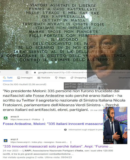 Sopra una targa commemorativa e il momento di un'intervista di Enzo Antonio Cicchino (pubblicata su Erodoto Tv) in cui il Gappista Rosario Bentivenga ricorda che c'erano perfino dei fascisti nella Resistenza. Sotto i risultati delle reazioni alle parole della Meloni immortalati nei risultati di Google e Ignazio La Russa a LibertoTv.