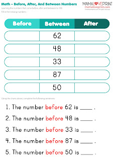 Mama Love Print 自製工作紙  - 數字的前後概念 (100以內) 練習題  Before and After (within 100) Daily Math Practice (No Preparation)  Free Learning Activities Kindergarten Math Worksheet Free Download No Preparation Homeschooling