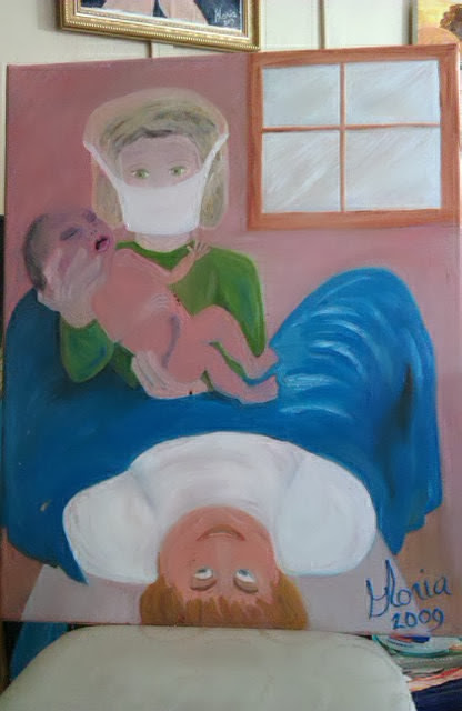 Oil painting painted by Gloria Poole; & named "midwife"; yr 2009