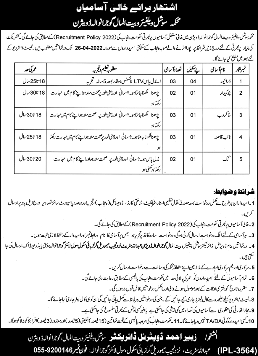 Govt Jobs in Social Welfare & Bait-Ul-Maal Department