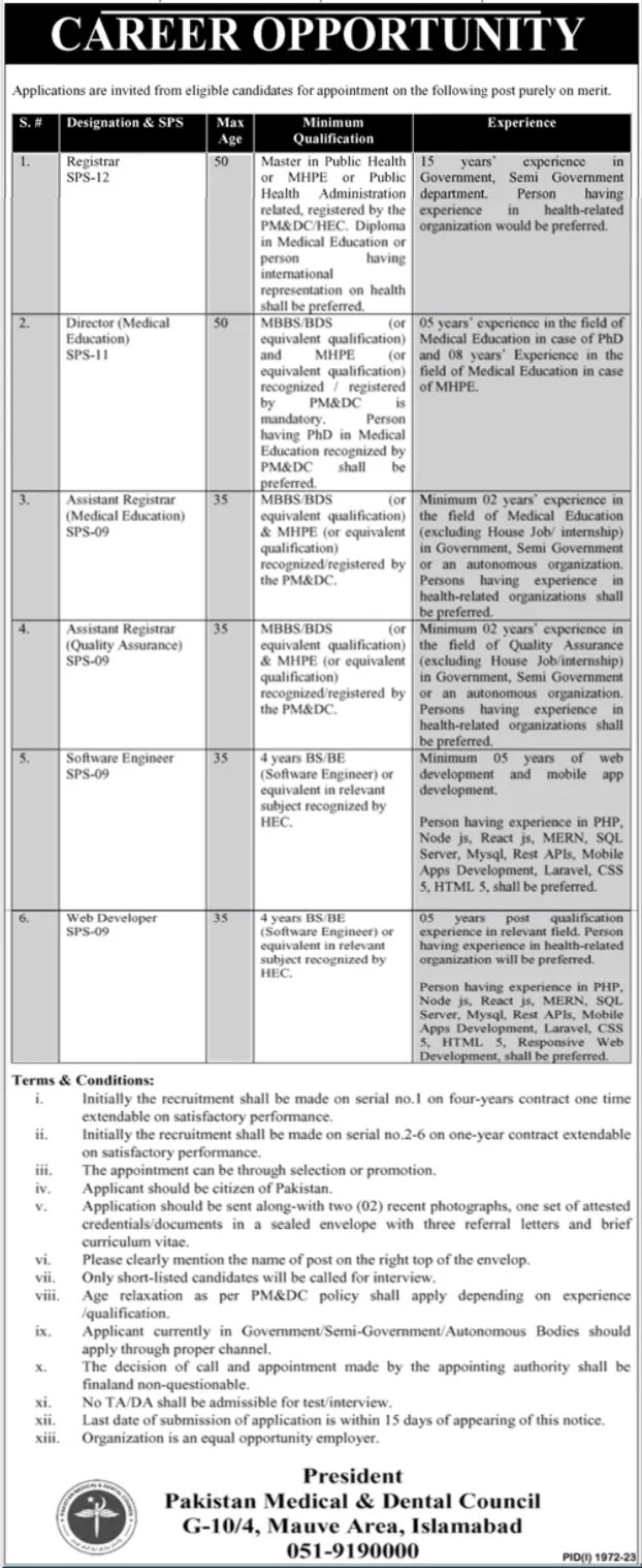 Pakistan Medical & Dental Council Jobs 2023