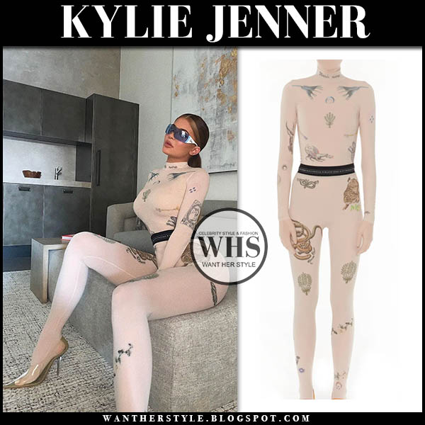 Kylie Jenner in beige printed turtleneck and tights