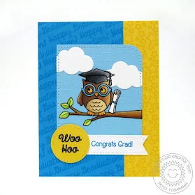 Sunny Studio: Happy Graduation Owl Card by Mendi Yoshikawa (using Woo Hoo stamps, Sunny Borders stamps, Rain or Shine dies and Fishtail Banner dies) 