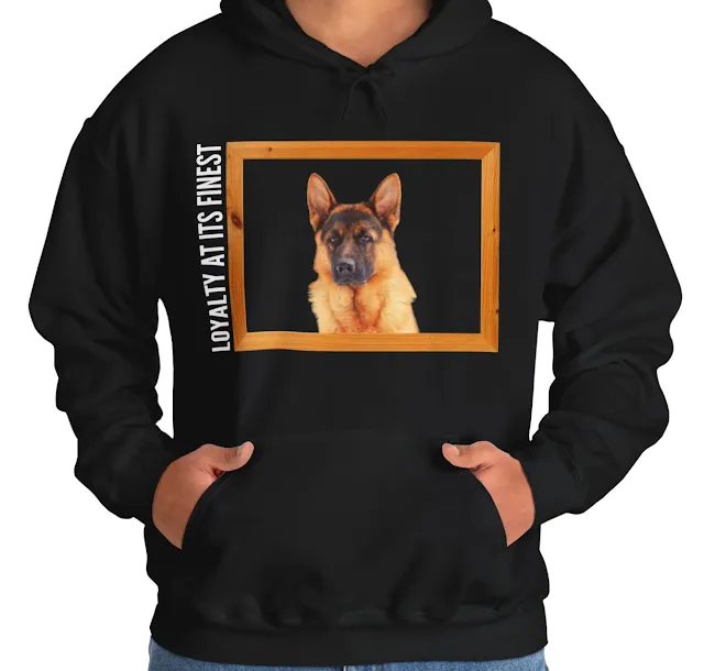 A Hoodie With Tan and Black Large German Shepherd Head Inside the Wooden Frame and Caption Loyalty at its Finest