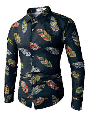  Lapel Leaf Print Long Sleeve Color Block Men's Shirt