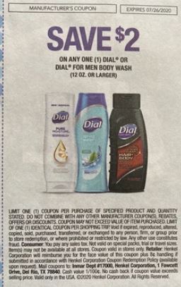 $2/1 Dial Or Dial For Men Body Wash 12 Oz+ Coupon from "RetailMeNot" insert week of 7/12/20.