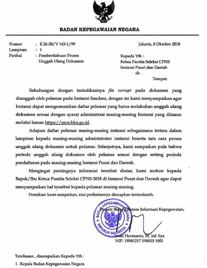 GAMBAR SURAT Pemberitahuan Unggah Ulang Dokumen di sscn.bkn.go.id