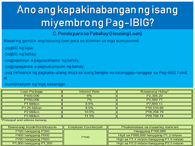 The Home Development Mutual Fund is also known as the Pag-IBIG Fund is one of the many programs of the Philippine government to provide its citizens the capability of purchasing their own house and lot.  Republic Act 9679's Declaration of Policy states:  "It is the policy of the State to establish, develop, promote, and integrate a nationwide sound and viable tax-exempt mutual provident savings system suitable to the needs of the employed and other earning groups, and to motivate them to better plan and provide for their housing."  Today, many Filipinos, including overseas Filipino workers (OFW) and their families benefit from this program. They can get a housing loan and savings through the new Pag-IBIG program which earns a dividend after a specified period of time.  This article will help you know more about the Pag-IBIG Fund for OFWs and how it works.  Advertisement        Sponsored Links         What is Republic Act 9679 or Home Development Mutual Fund (known as Pag-IBIG Fund) Law of 2009?  RA 9679 is the law aimed at strengthening the ability of Pag-IBIG to achieve the following objectives: • Improve the livelihood of Filipinos by providing adequate housing; • Provide a national savings system; • Mobilize funds for the housing program       How is RA 9679 different from previous laws of Pag-IBIG?  First, RA 9679 sets out universal coverage. That is, the membership range is expanded, with the following: • employees and workers of SSS and GSIS • Overseas Filipino Workers, including Clerks / Seafarers • The uniformed staff of the Philippine Armed Forces, the Bureau of Fire Protection, the Bureau of Jail Management and Penology and the Philippine National Police  Secondly, Pag-IBIG's tax exempt returns where the agency can save three billion a year. Now, this amount can be allocated for housing and for a high dividend for members.   Thirdly, the Board of Trustees of the Pag-IBIG has the power to raise the monthly contribution of the member. This means greater savings for members and higher loan entitlements. There may also be a higher proportion of the members to be given because of this. Since 1986, Pag-IBIG has never raised the contribution rate, while several other government agencies have raised their contributions.  Currently, a member contribution rate of Pag-IBIG is 2% based on a monthly income of P5,000. The members' contribution rate will stay at P100 even if he earns P5,000 or P50,000.   By raising the contribution rate, monthly contributions will be higher, while for members belonging to the lower income bracket, their contribution remains at P100.      When was the law effective? RA 9679 was effective on August 27, 2009.  When did the law begin to be implemented? The law was implemented in January 2010.  Are all OFWs covered by the mandatory coverage of RA9679? Yes. According to RA 9679 and its Implementing Rules and Regulations, PAG-IBIG must register all OFWs, whether land-based or sea-based (seafarer or working within the ship).   A seafarer is enrolled as a member after signing a contract with his agency or manning agency that stands as an employer, as well as a foreign owner of the ship. As an employer, the agency will contribute an appropriate proportion of two percent contribution, based on the monthly marine income.   Meanwhile, land-based OFWs must be registered before they leave the Philippines or before returning to work. Those who are currently abroad may also register at any Pag-IBIG Posts.   Why are OFWs included with mandatory membership coverage? All Filipino workers, whether in the Philippines or abroad, should have an equal opportunity to all the benefits of the Pag-IBIG program. The membership of OFWs has been mandated to give them the opportunity to save and reach their dream of owning a home.   How to register OFWs under mandatory coverage? OFWs can register with the following: • Pag-IBIG desks located at the Embassy or Philippine Consulate outside the country • Pag-IBIG Fund International Operations Group, 6th Floor, Justine Bldg., Gil Puyat Avenue, Makati City • Any branch or office of Pag-IBIG in the Philippines • Pag-IBIG satellite office of the Philippine Overseas Employment Agency (POEA) • Preferred banks and remittance agencies recognized by Pag-IBIG such as PNB, Metrobank, and iRemit Global Remittances Inc.   How is the registration process for former Pag-IBIG members under the Pag-IBIG Overseas Program (POP)?  The OFW can visit the Pag-IBIG Information Desk located at the Embassy or Philippine Consulate to fill out the Member's Data Form (MDF-FPF0909) or Membership Registration Form (MRF-FPF095). If he is in the Philippines, he can go to the nearest office.   It is also necessary to update their record, especially if there are changes to their personal information.   MDF and MRF  can be downloaded at the Pag-IBIG website.         If an old member would register as an OFW, what would happen to his / her contribution? Pag-IBIG combines all his contributions, previous and current. Portable or remain in the name of the member,  Even if he/she transferred from one company to another, his/her account will remain in his name. Pag-IBIG ensures that the members' savings are safe.     What are the benefits of a Pag-IBIG member ?  A. The Benefits of Savings • No tax will be imposed on members' savings • Earned dividend annual contribution to member savings • The savings remain in the name of the member even if he moves to another company, loses work, or becomes self-employed • The government guarantees the savings, to pay and refund the member's contribution should anything happened to Pag-IBIG.   B. Short-Term Loans (Multi Purpose and Calamity Loans) Loans for an emergency needs like tuition, minor home repair, business capital and so on.   The following is an example of how much you can borrow under the Multi-Purpose Loan (MPL) Program.   C. Housing Loan (Housing Loan)  The housing loan can be used for any of the following: • land purchase; • buying a home; • building or housekeeping; • home improvement or repair; • when refinancing a loan from a bank acceptable to the Pag-IBIG Fund; and • combination of abovementioned conditions.    How much is the contribution rate? *Please refer to the chart above Monthly income of five thousand pesos (P5,000)  is used for computation of contributions. It means that the highest premium of the member and his employer is at P100. However, a member can increase his or her monthly rate for a higher saving. If a member has no employer, he/she can pay for the employer counterpart.   Should a foreign employer also provide a contribution? A foreign employer is not required to provide any part of the contribution unless he/she wishes to.  Can the member give more contribution? Yes. The member is encouraged to contribute more than what has been set forth by law. It is better for a member to save more money because he/she will be able to earn more after 20 years or until his / her membership matures, including tax-free dividends and guaranteed by the government.   Where can a contribution be paid? Payments may be made to Representatives of Pag-IBIG based on Embassy or Philippine Consulate. You can also pay any accredited banks or remittance partners. Just visit the Pag-IBIG website for a complete list of accredited collecting banks and remittance partners.    If a member starts contributing before leaving the Philippines, can he continue his contribution abroad? Yes, if the member already has the Pag-IBIG MID or membership ID number, they can use it to pay their contributions. If not, you must register with Pag-IBIG to provide Registration Tracking No. (RTN) or MID number, whichever is available.     Does the Pag-IBIG ID still need to register or pay? What if I did not have an ID to register? Currently, Pag-IBIG has not yet issued an ID. In the meantime, the RTN member will first register after registering. This is the number he will use whenever he/she pay a contribution or applies for a benefit. The member will be given a MID number to be used when paying their contribution.   When can a registered member claim their savings under Pag-IBIG I? The member may claim his / her total accumulated value (TAV) after 20 years and after completion of 240 monthly contributions.  TAV can be also collected before 20 years in any of the following circumstances: • 15-year optional withdrawal (member must have 180 monthly unpaid premium and he / she has no debt. Membership must continue after deduction.) • reaching the age of 60; • mandatory retirement at age 65 • total disability/insanity; • leaving work due to illness or illness; • permanently removing the Philippines; and • death.       What will the member get when his / her membership is over? He will get his total allowance consisting of his monthly premium, the equivalent contribution of his employer (if any), and his earned income.  If the member dies, what will happen to his savings? His beneficiaries will receive all his savings minus the remaining cost of their obligations to Pag-IBIG. His beneficiaries will also receive an additional death benefit. Why is the duration of  OFW membership being extended? Under universal coverage, Pag-IBIG membership rules, whether local or overseas employees, are the same. Therefore, the membership term of all OFWs is 20 years. Unlike previously they can choose between 5, 10 or 15 years of membership term as a voluntary member.   What is the Modified Pag-IBIG II Program? The MP2 program is a voluntary program that offers higher dividends in a shorter period.   Under the program, a member will fall at least P500 per month for five years. The higher the grant will be given under the program compared to the dividend of the regular membership program or Pag-IBIG I.   READ MORE:    Find Out Which Is The Best Broadband Connection In The Philippines    Modern Immigration Electronic Gates Now At NAIA    ASEAN Promotes People Mobility Across The Region    You Too Can Earn As Much As P131K From SSS Flexi Fund Investment    Survey: 8 Out of 10 OFWS Are Not Saving Their Money For Retirement    Dubai OFW Lost His Dreams To A Scammer    Support And Protection Of The OFWs, Still PRRD's Priority