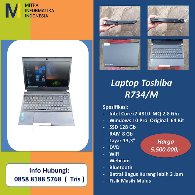 Jual Laptop Merk Toshiba R734/M Core I7 RAM 8GB SSD 126 GB di Kursus Komputer YMII Cileungsi