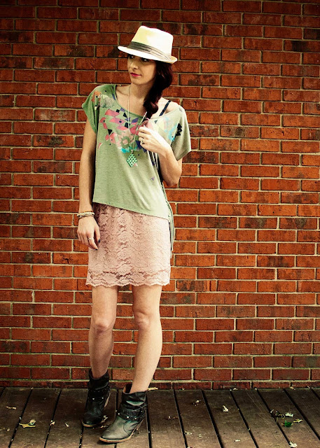 Lace skirt, ankle boots, fringe shirt, fedora