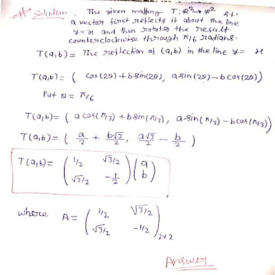 find the matrix of the linear transformation T:R^2 to R^2 which starting with a vector first reflects about the line y = x and then rotates the result counterclockwise with angle π/6 radians.