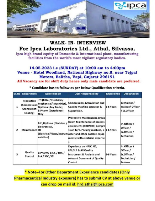 Ipca Laboratories Ltd Walk in Interview For Production (Compression Granulation Coating)/ Maintenance/ Quality Control