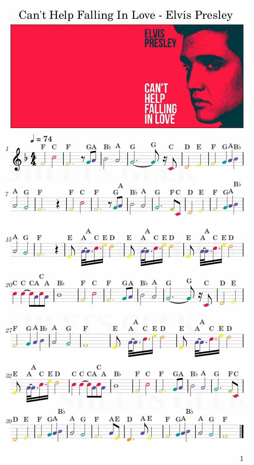 Can't Help Falling In Love - Elvis Presley Easy Sheet Music Free for piano, keyboard, flute, violin, sax, cello page 1