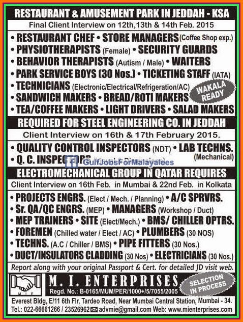 Restaurant jobs for KSA & Electromechanical group Qatar job vacancies