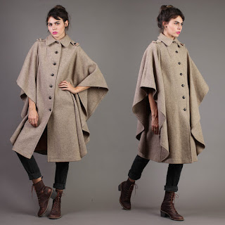 luxie vintage 80s high fashion taupe tan cape draped winter coat jacket autumn fall buttons avant garde