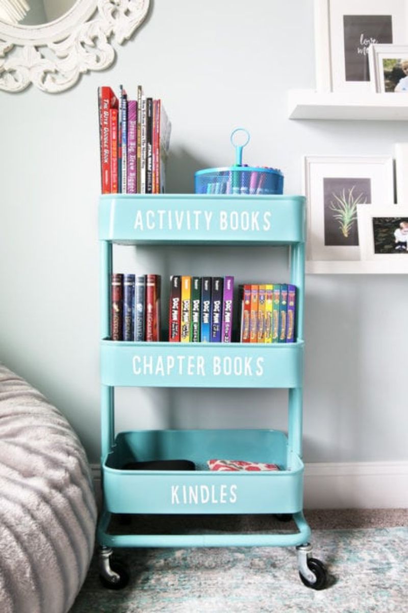 ikea raskog trolley used as a bookshelf for kids books