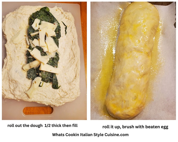 pizza dough with spinach and cheese then rolled up collage