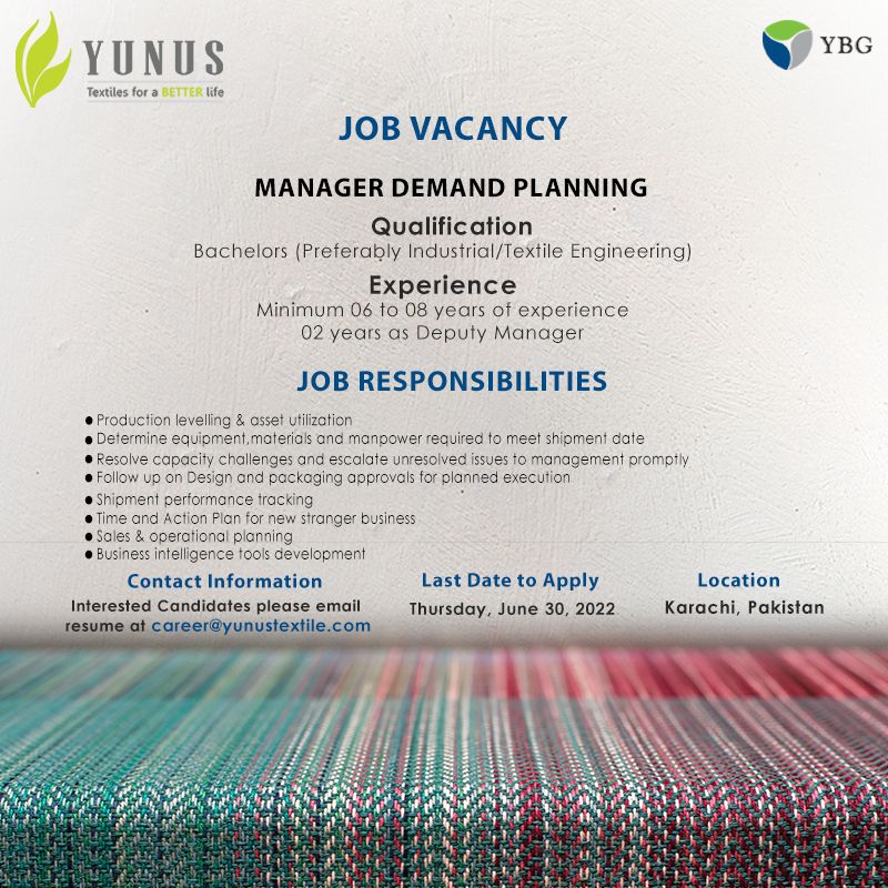 Yunus Textile Mills Jobs For Manager Demand Planning