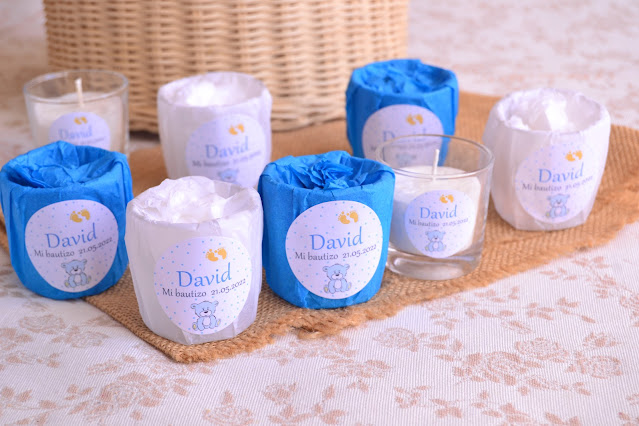 velas aromaticas naturales para regalar en bautizos color azul blanco nino