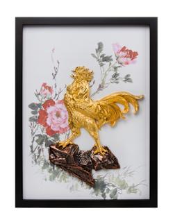 Courage consists of a rooster cast in pewter and plated in 24k gold, mounted on a canvas with a printed watercolour of peonies.