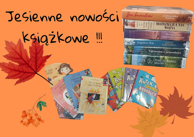 Tło:pomarańczowe. Grafika: stos sześciu książek dla czytelników dorosłych, rozrzucone książki dzięcięce okładkami do góry, trzy jesienne liście, jarzębina. Napis: jesienne nowości książkowe !!!