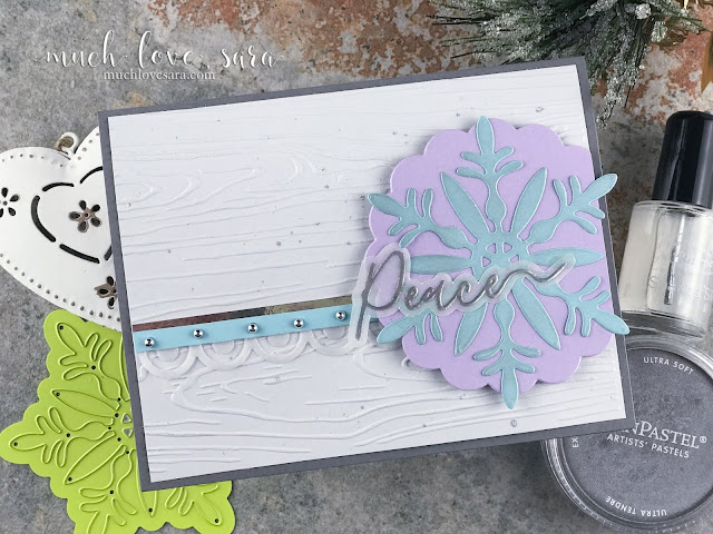 This pretty color combo lend to the chilly, wintery, feel of this card.  Created using Fun Stampers Journey Snow Bloom Die Set, and the Holiday Script Stamp and Die Bundle.  