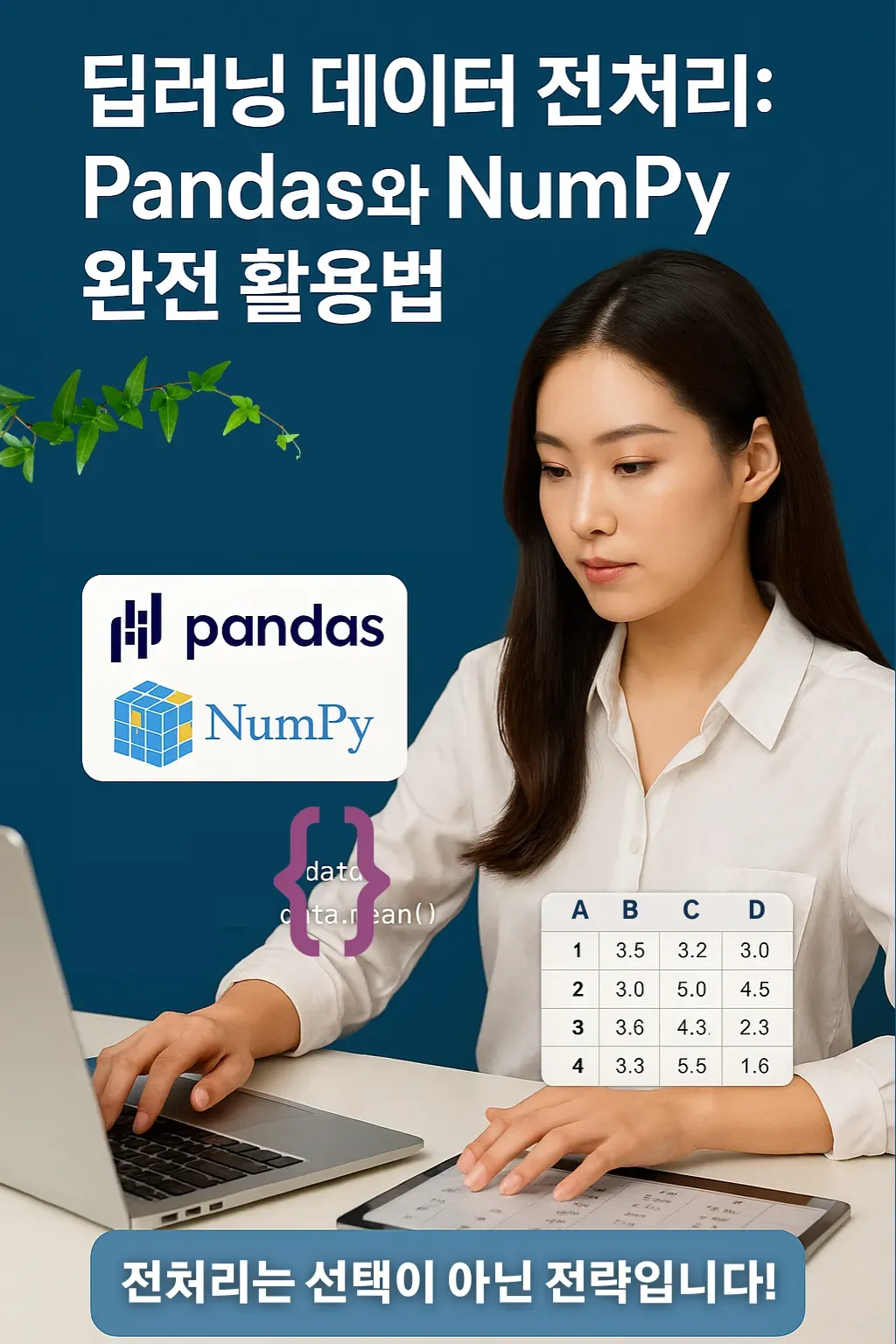 Pandas와 NumPy로 딥러닝 데이터 전처리 자동화 – 여성 중심 고화질 인포그래픽 딥러닝 전처리를 설명하는 20대 여성의 Pandas와 NumPy 활용 인포그래픽