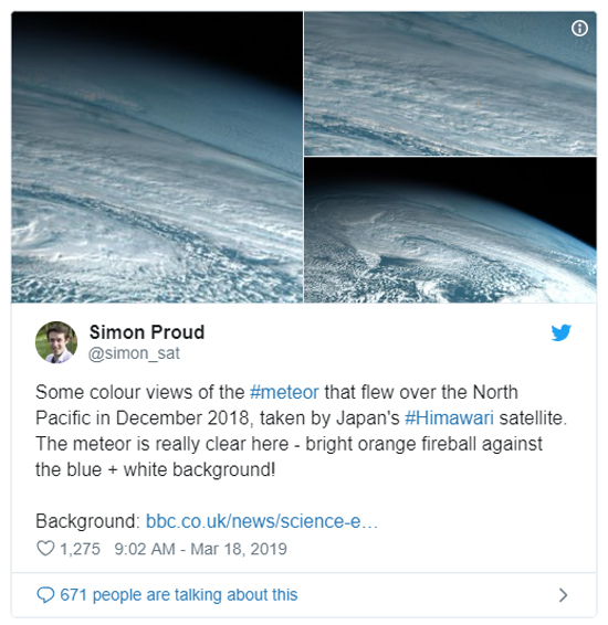 Tweet sobre queda de meteoro no Mar de Bering