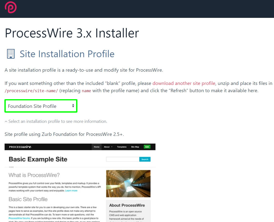 processwire installation selecting profile to install