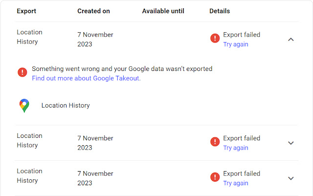 Location History Google Takeout Export Failed