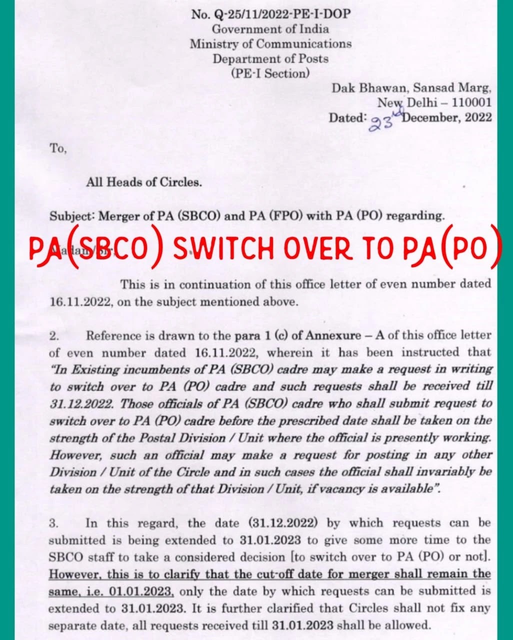 
Merger of PA (SBCO) Request Submission date is Extended  - Instructions (Clarification) on PA (SBCO) and PA (FPO) Switch over to PA (PO)
