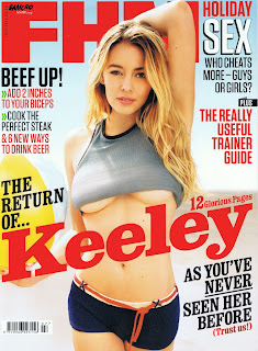 Keeley Hazell on the cover of FHM magazine July 2012 in black shorts and a small shirt