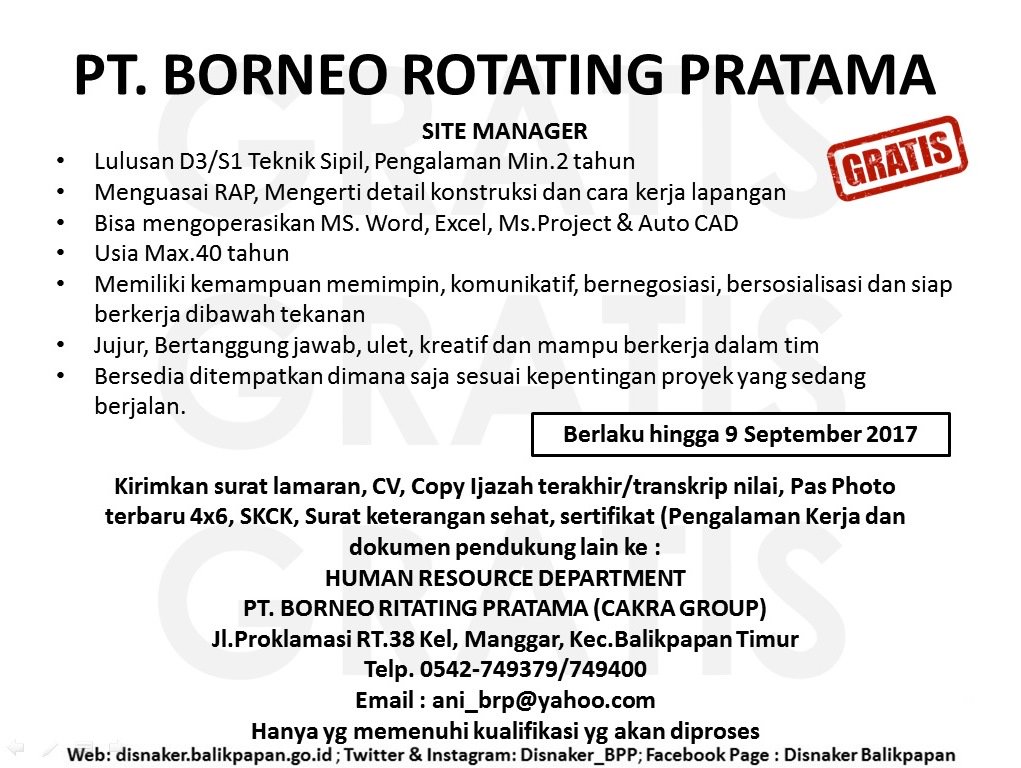 LOWONGAN KERJA PT. BORNEO ROTATING PRATAMA - Lokernesia 