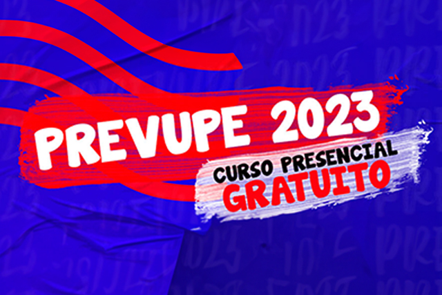 Arte gráfica com os dizeres "PREVUPE 2023 CURSO PRESENCIAL GRATUITO"