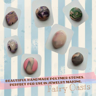 A collage with seven colorful cabochons on top of a blue and white striped background.  Text says: Beautiful handmade polymer stones.  Perfect for use in jewelry making.  Fairy Oasis.  