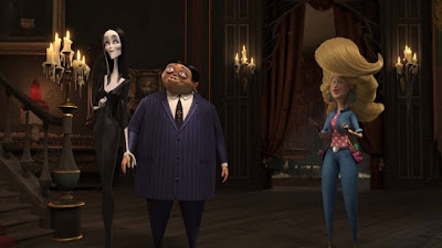 The Addams Family (2019) movie scene where Morticia and Gomez Addams meet Margaux Needler in their haunted asylum